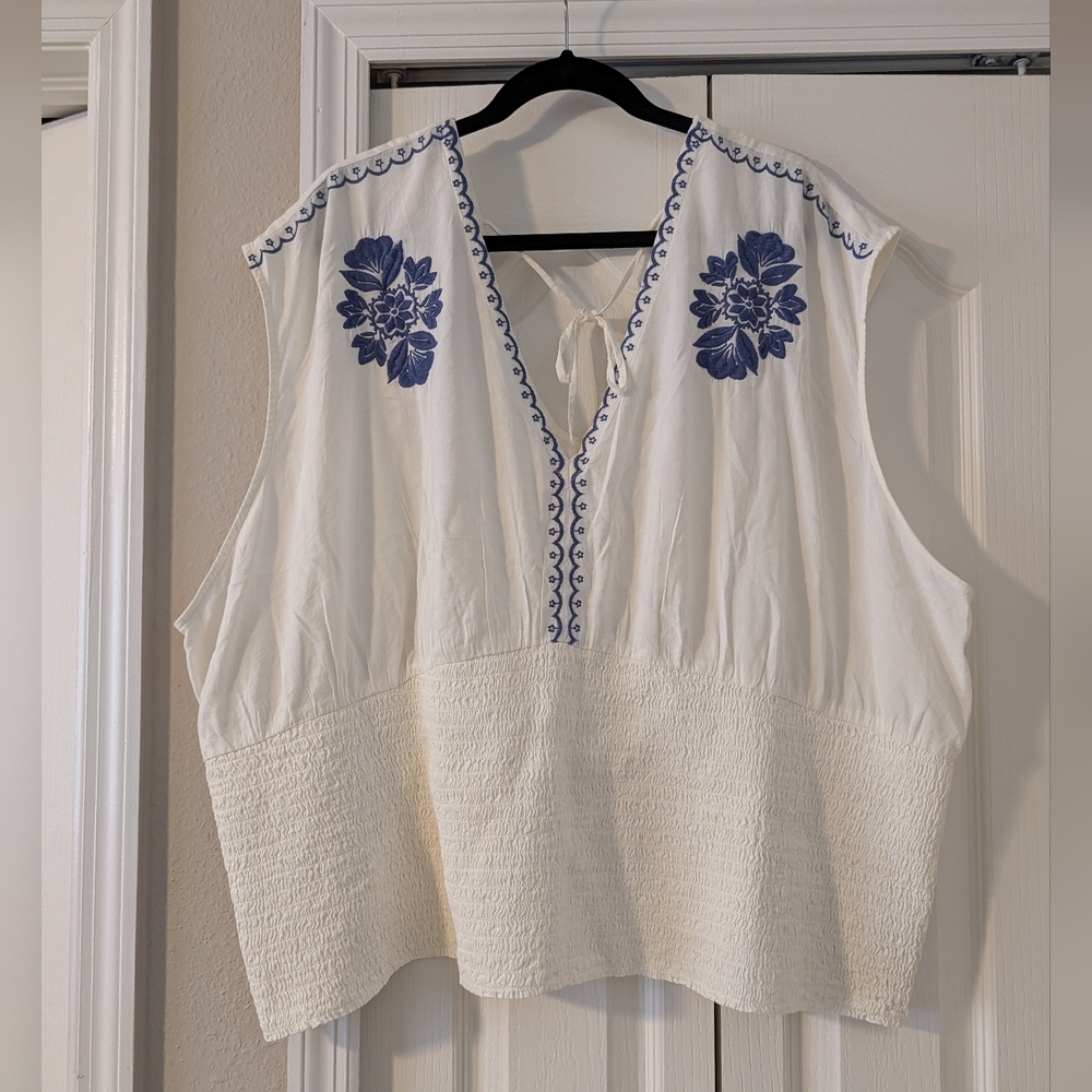 Old Navy White Blouse with Blue Embroidery